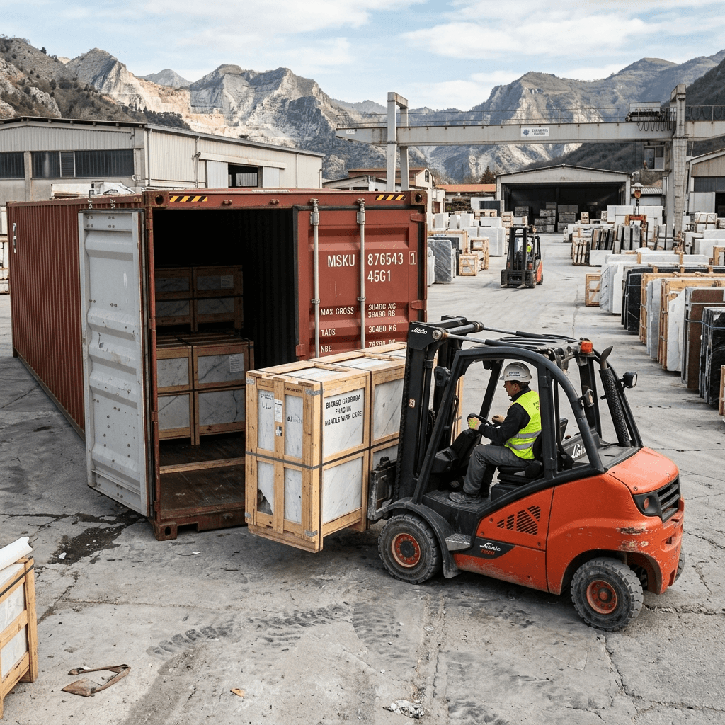 Forklift loading marble crates into export shipping container