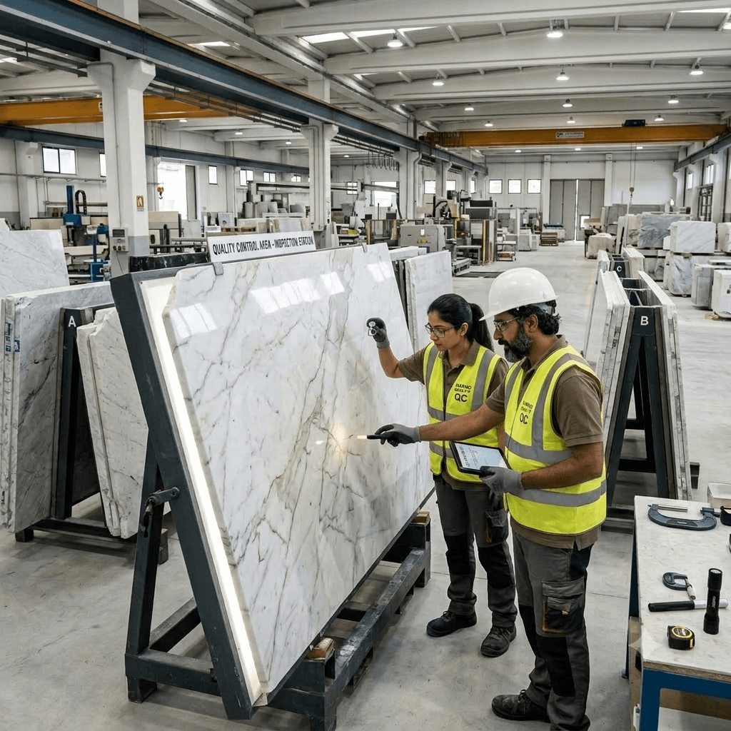 Factory inspectors checking polished marble slab quality