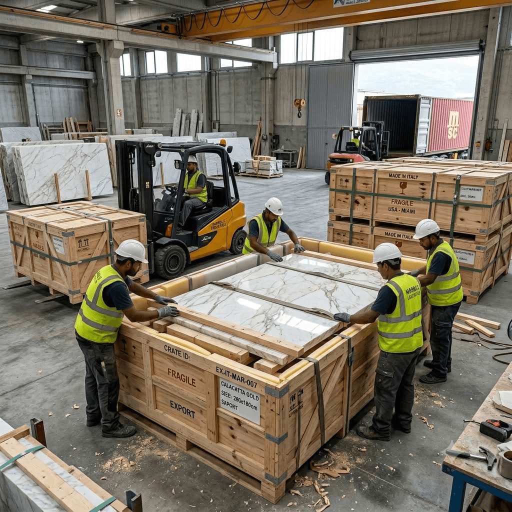 Securely crated marble slabs ready for export container loading