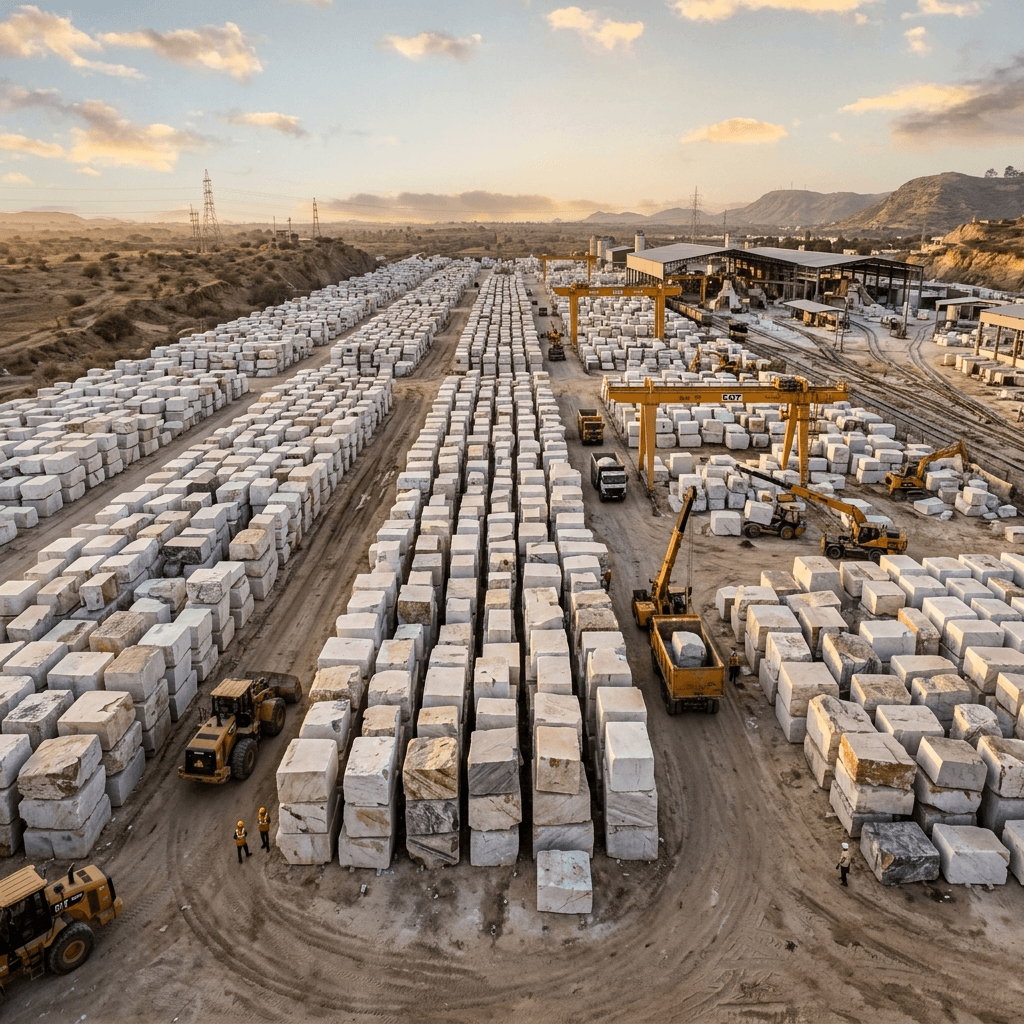 Sprawling block stockyard at The Iconic Marble factory